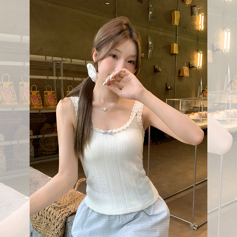 MY9090# 纯欲风蕾丝花边吊带背心女夏季蝴蝶结修身显瘦短款小上衣女裝貨源服裝批發