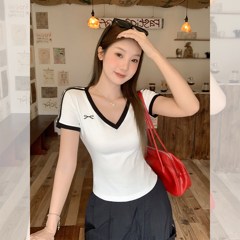 MY9206# 甜辣撞色V领短袖t恤新款夏季正肩白色修身短款上衣女裝貨源服裝批發