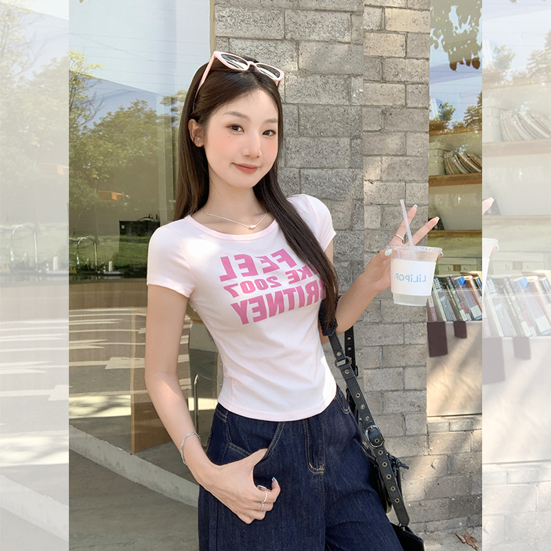 MY10828# 浅粉色纯欲字母印花圆领正肩短袖t恤女夏季修身显瘦上衣女裝貨源服裝批發