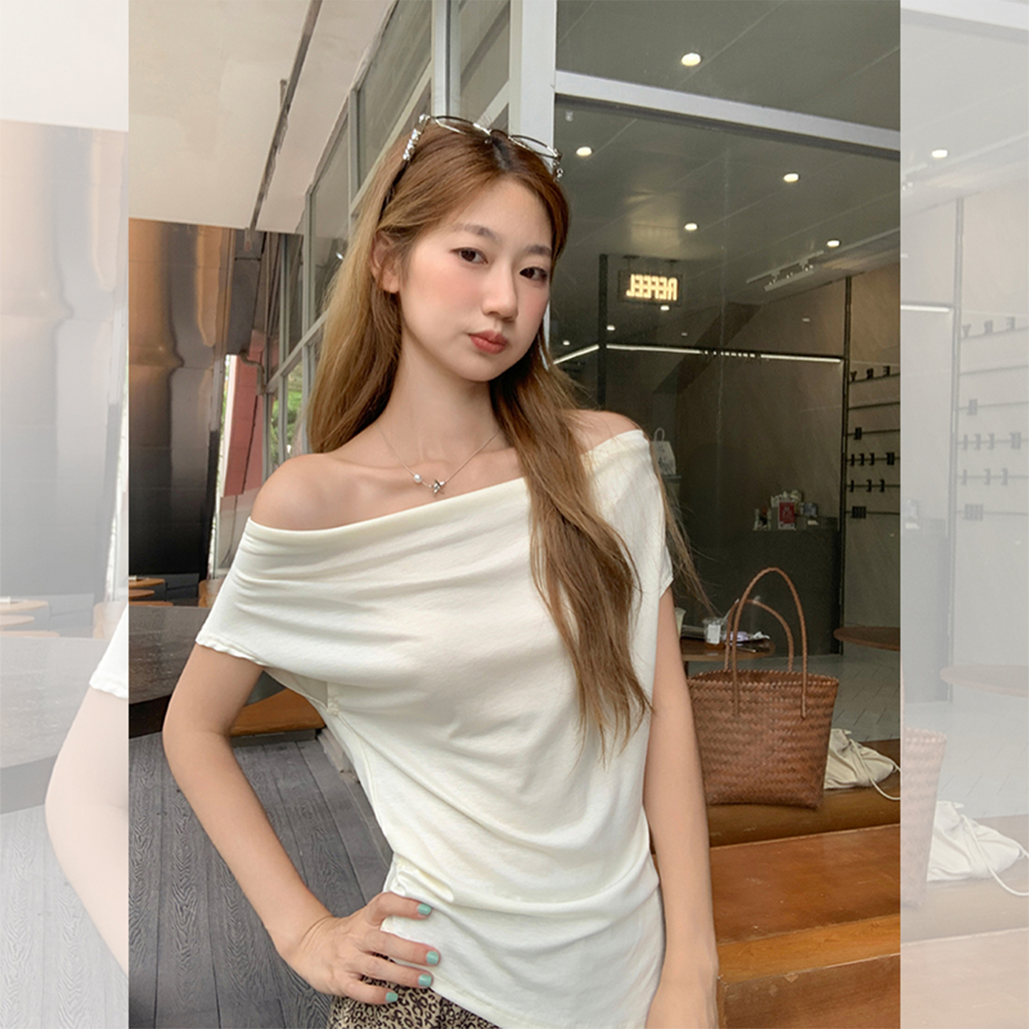 MY10829# 白色一字领三穿短袖T恤女夏不规则下摆收腰显瘦上衣女裝貨源服裝批發