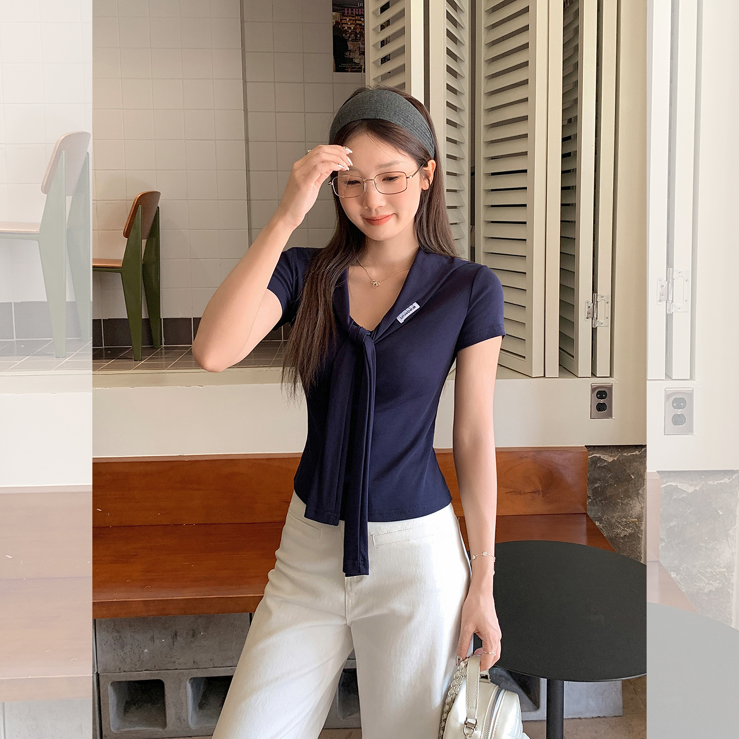 MY11237# 藏蓝色正肩短袖T恤夏季披肩海军领设计修身显瘦上衣女裝貨源...