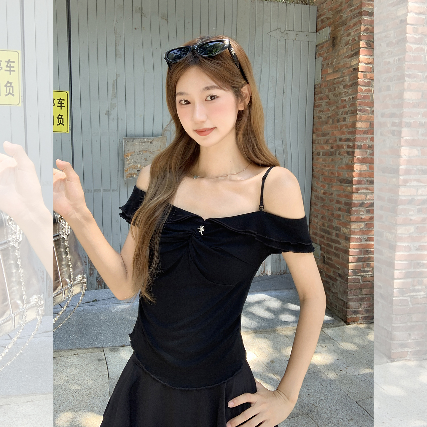 FA32878# 夏季黑色一字肩低领口扭结性感修身掐腰显瘦小上衣女 服裝批發女裝批發服飾貨源