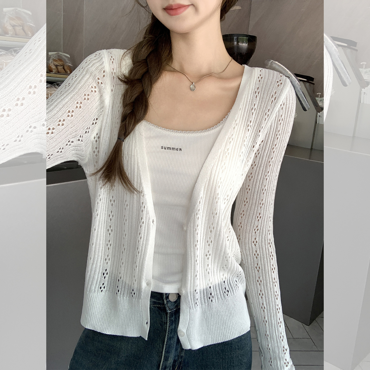 MY11671# 韩系白色V领镂空外搭开衫罩衫女夏季新款长袖T恤上衣女裝貨...