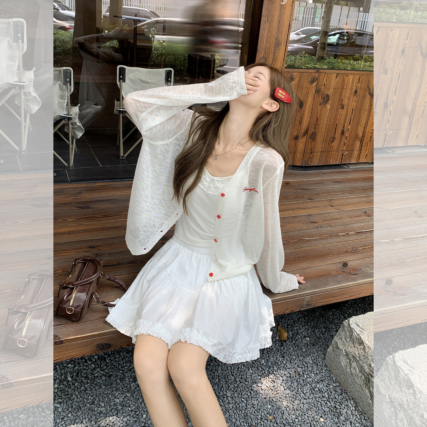 MY11669# 白色薄款微透字母印花针织罩衫女新款小众设计感绝美上衣女裝...