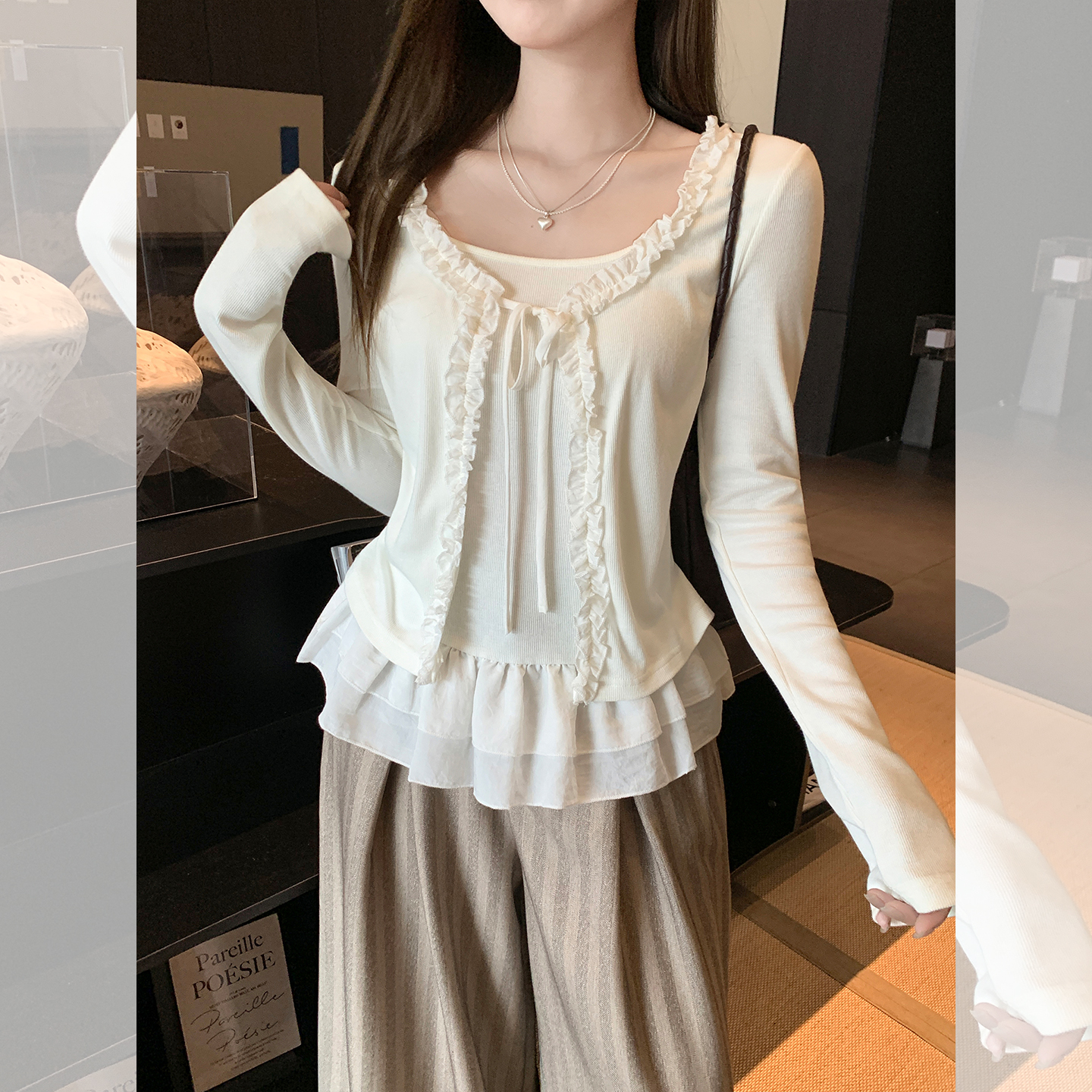 MY13653# 甜辣纯欲假两件拼接设计感长袖T恤新款花边系带上衣女裝貨源...