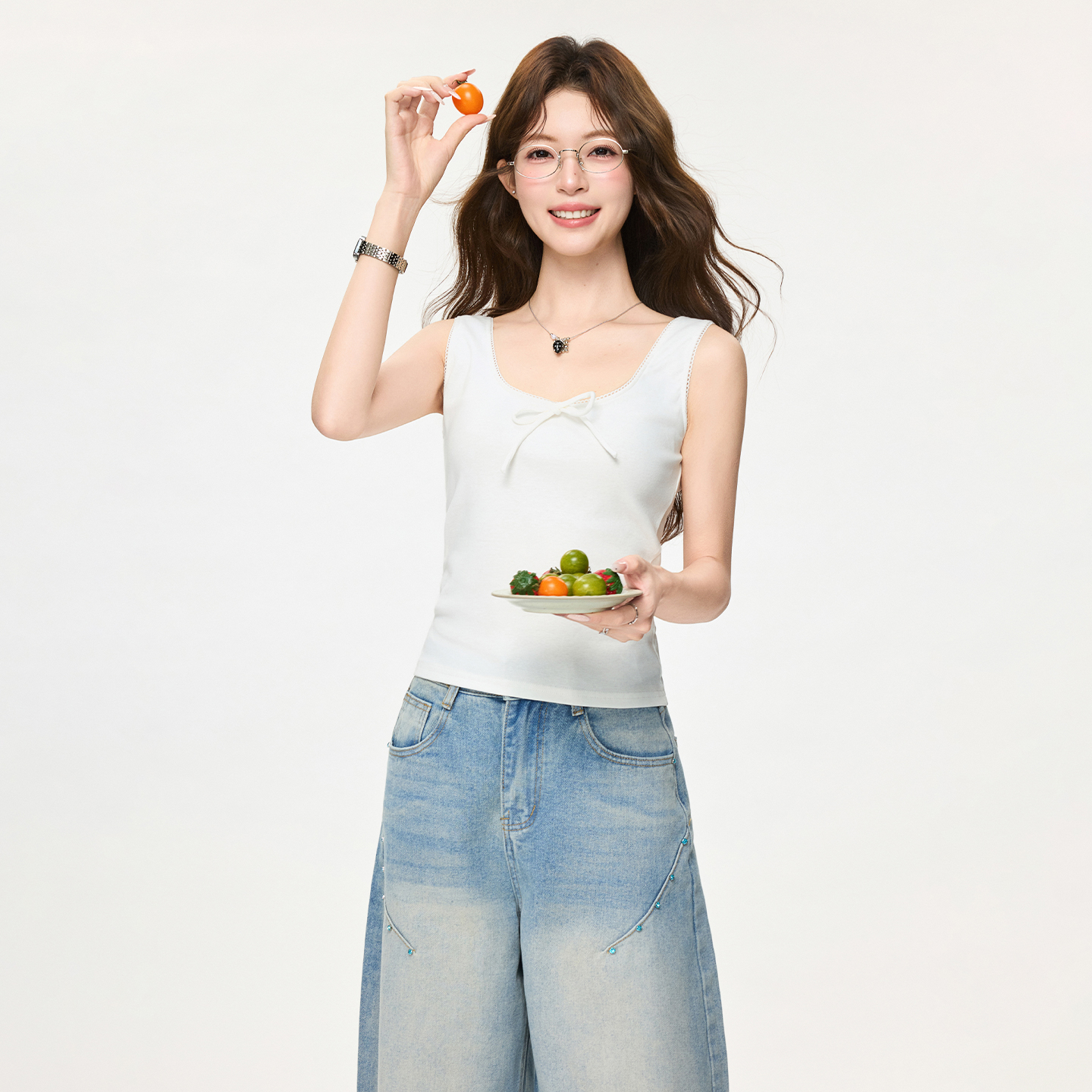 RY2776# 实拍实价韩系白色蝴蝶结花边吊带背心春新款修身打底衫内搭上衣...