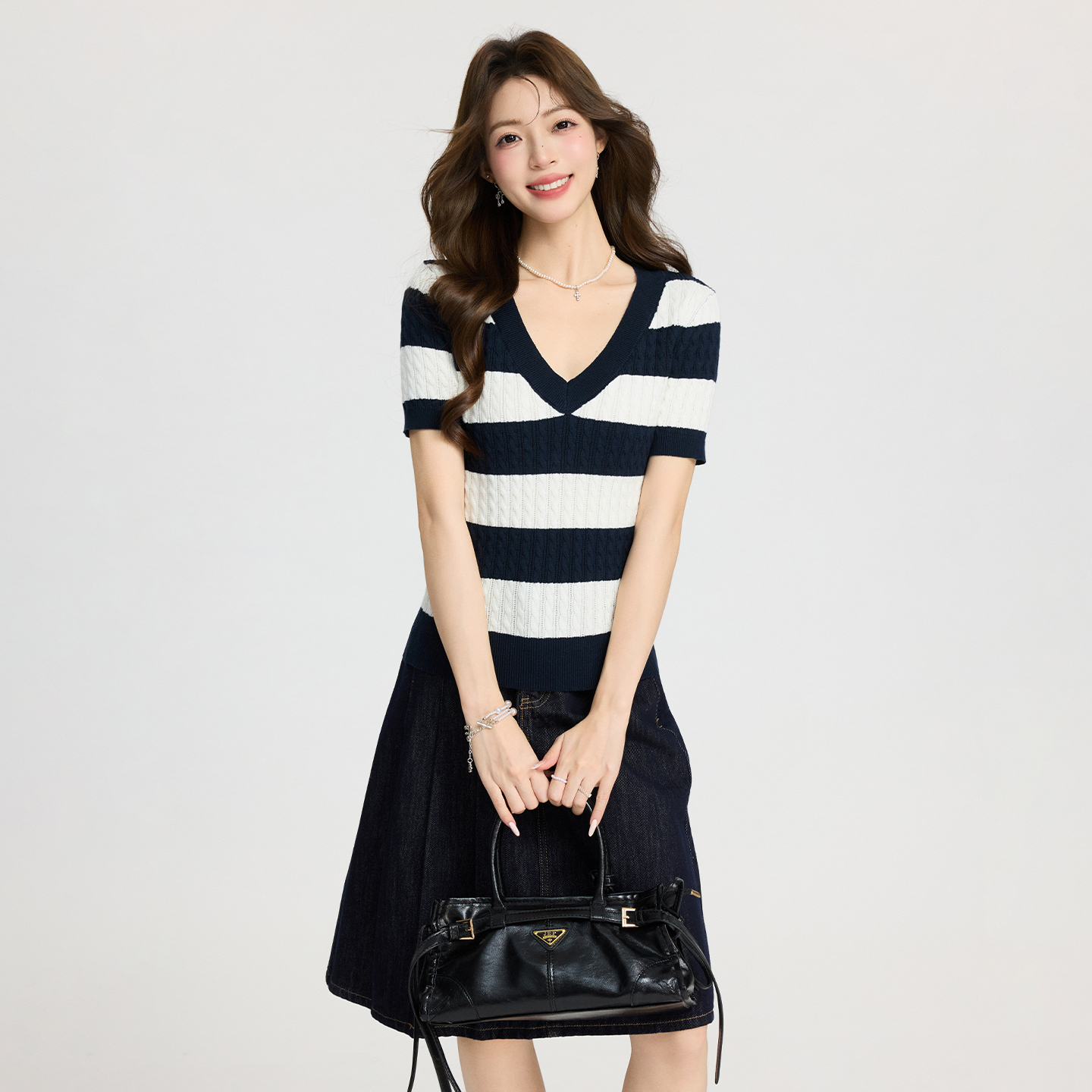 RY2775# 实拍实价韩系条纹V领短袖套头麻花针织衫女夏季撞色复古显瘦上...