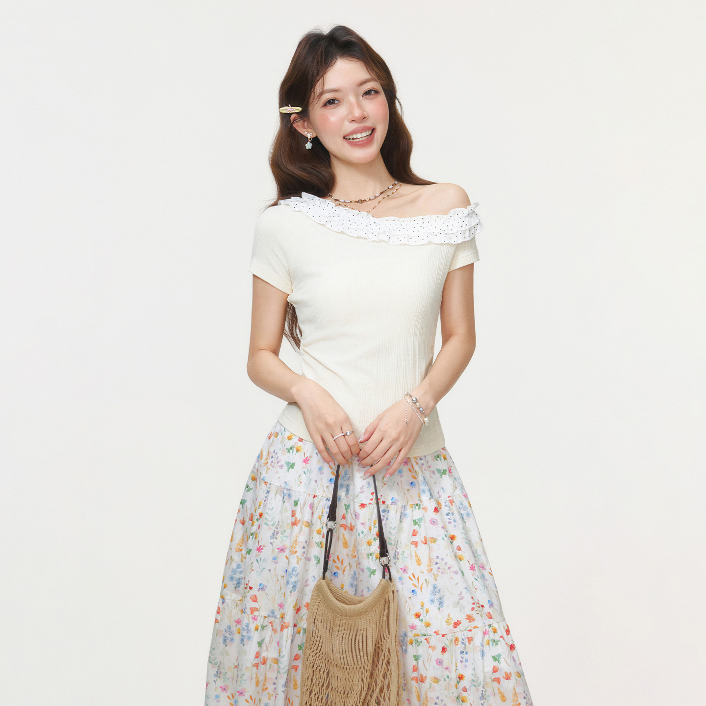 RY2771# 实拍实价韩系木耳边斜领露肩短袖T恤女2026夏季掐腰修身短...