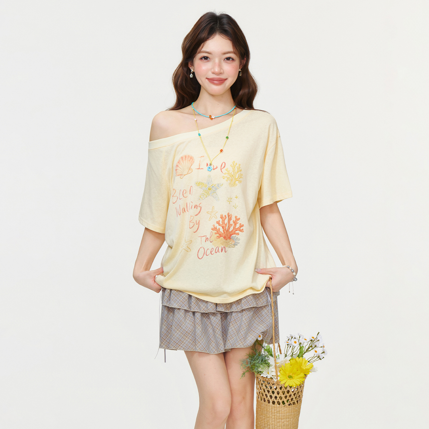 RY2770# 实拍实价设计感一字肩斜领印花薄款短袖T恤女夏季辣妹风宽松上...