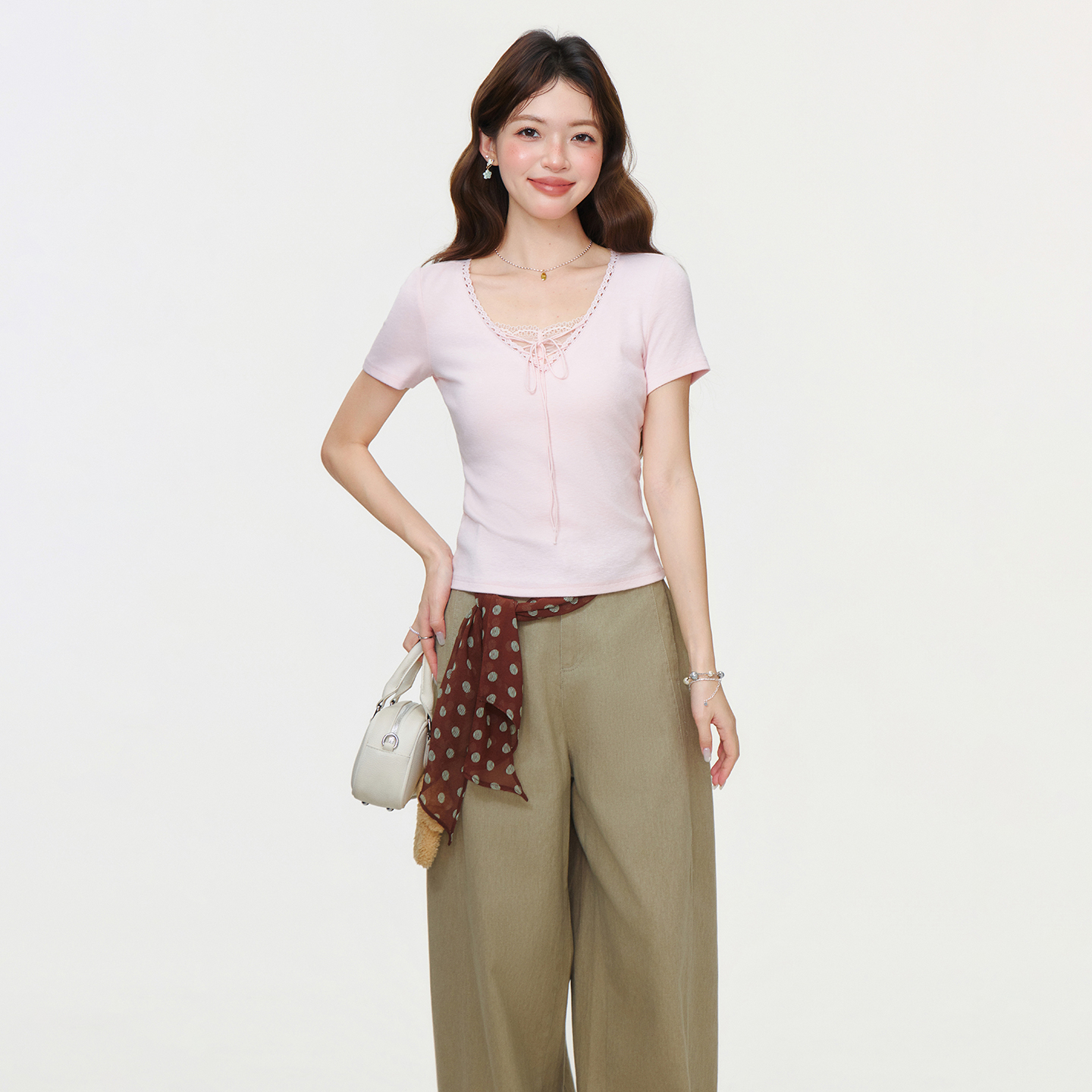 RY2769# 实拍实价芭蕾风韩系粉色v领蕾丝花边短袖T恤女夏季修身显瘦小...