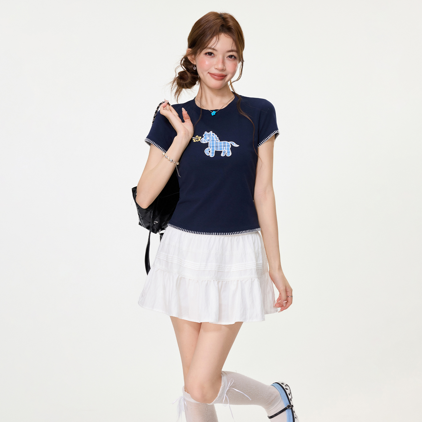 RY2772# 实拍实价可爱小马刺绣圆领短袖T恤女2026夏季白色正肩小个...