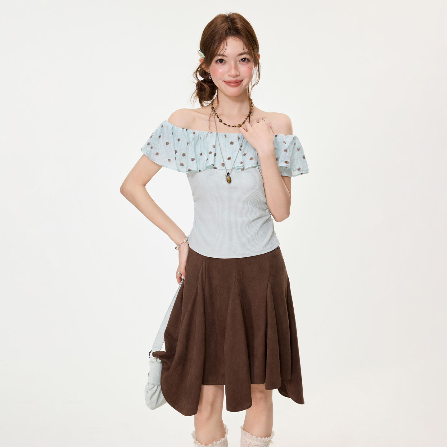 RY2767# 实拍实价高级感波点荷叶花边一字领露肩短袖t恤女夏季漂亮小上衣