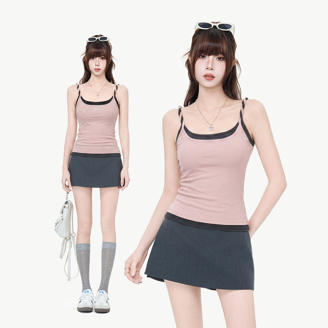 RY6162# 实拍实价美式撞色假两件吊带背心女2026夏季新款交叉美背外...