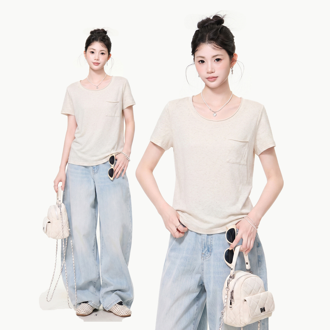 RY6167# 实拍实价韩系纯色圆领短袖T恤女夏季新款宽松显瘦慵懒风百搭上...
