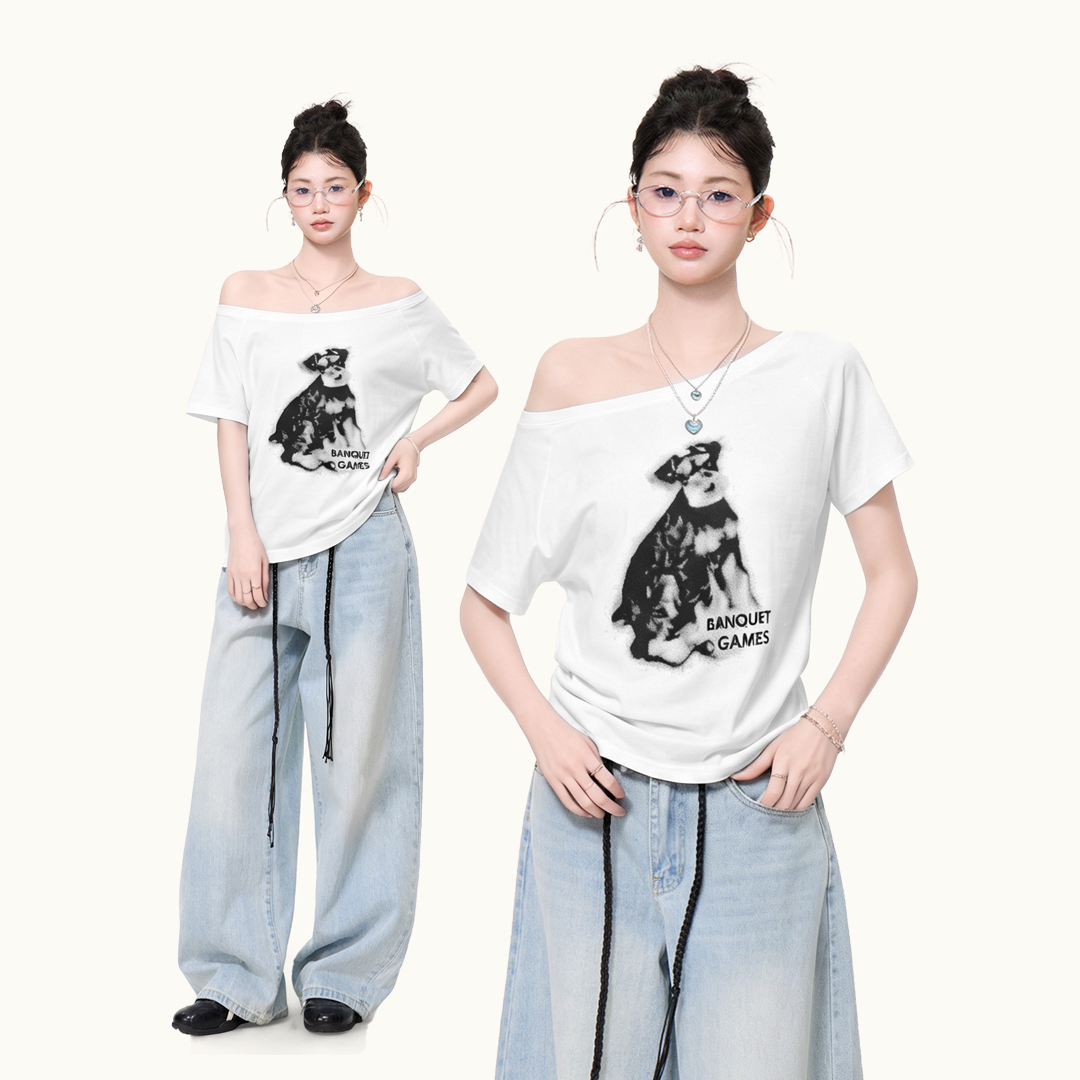 RY6160# 实拍实价韩系小狗印花斜肩一字露肩短袖T恤女夏季新款时尚小上...