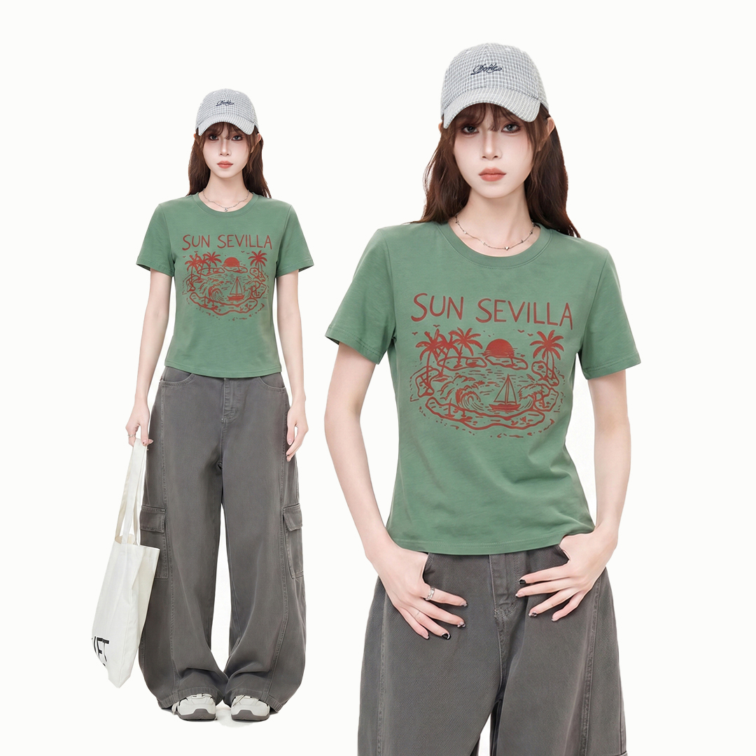 RY6159# 实拍实价美式复古字母印花圆领短袖T恤女夏季高级感宽松显瘦上...