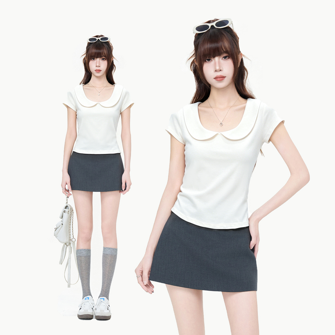 RY6154# 实拍实价娃娃翻领短袖T恤女2026夏季米白修身显瘦高级感气...