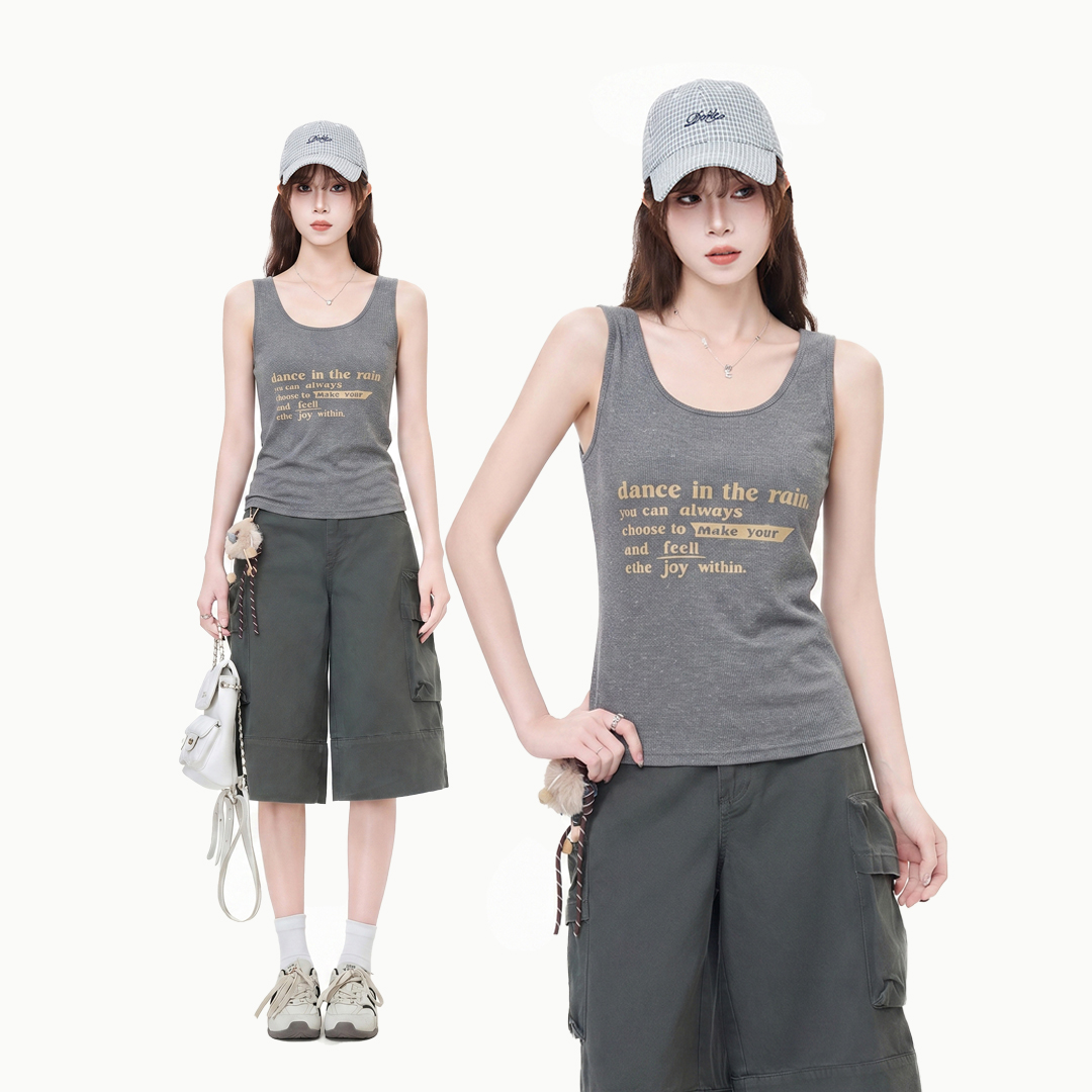 RY6147# 实拍实价美式辣妹无袖字母印花吊带背心女夏季高级感修身百搭上...