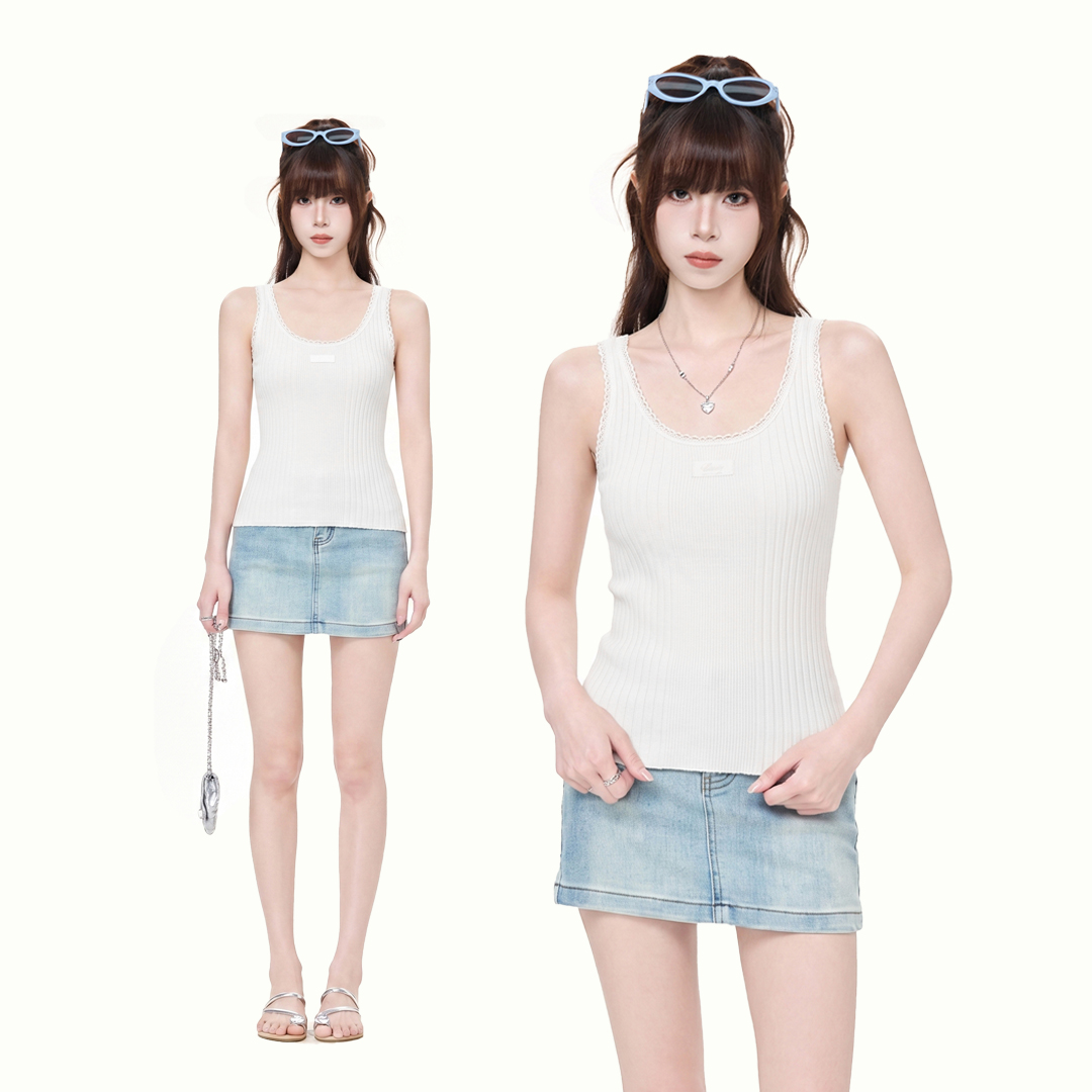 RY6152# 实拍实价方领蕾丝花边无袖吊带背心女2026年夏季U领修身绝...