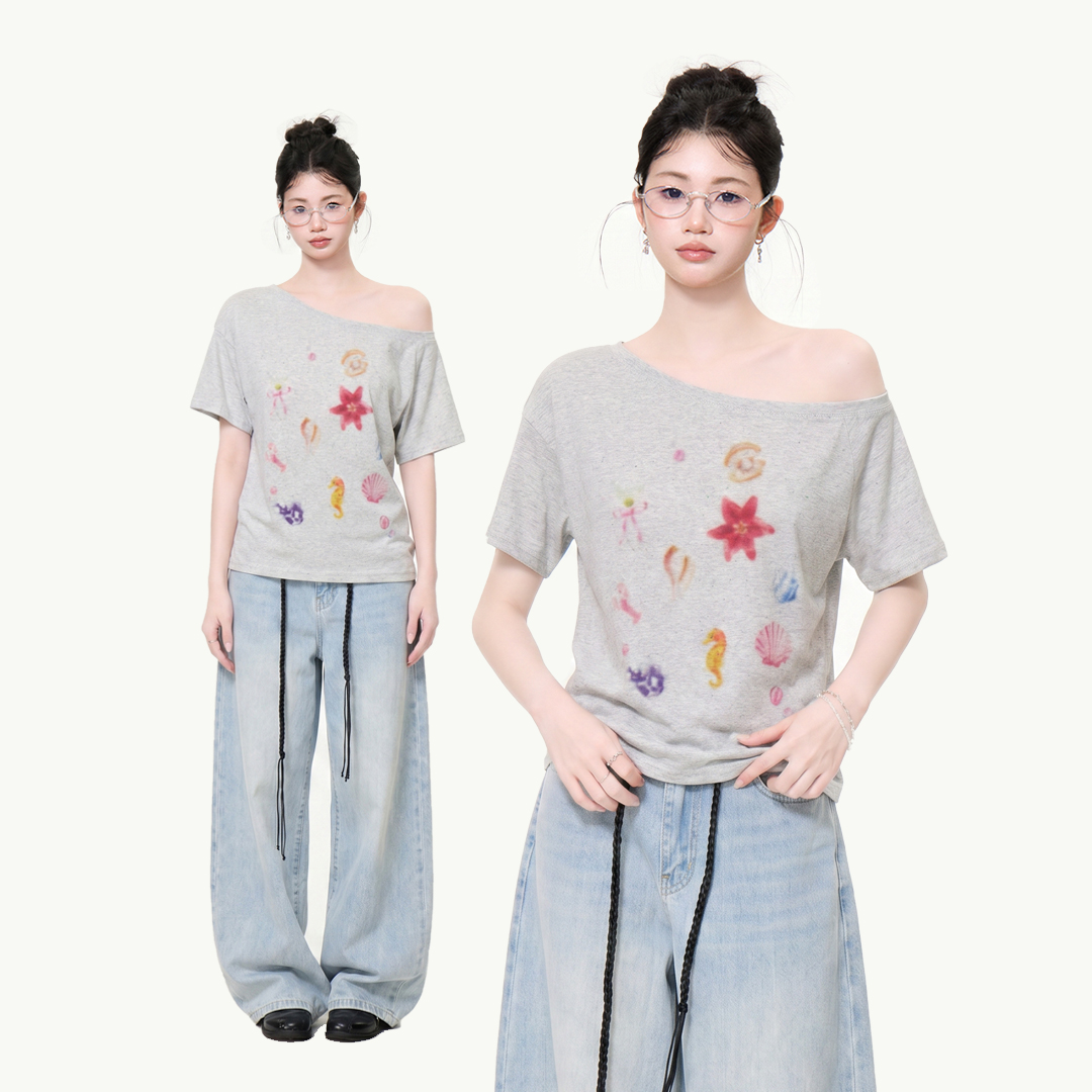 RY6856# 实拍实价度假风印花斜肩短袖T恤女2026夏季宽松显瘦减龄露...