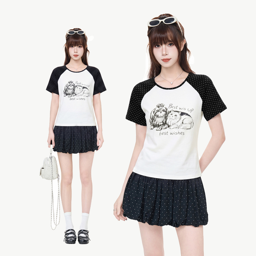 RY6850# 实拍实价波点猫咪印花撞色短袖T恤女2026夏修身显瘦正肩辣...