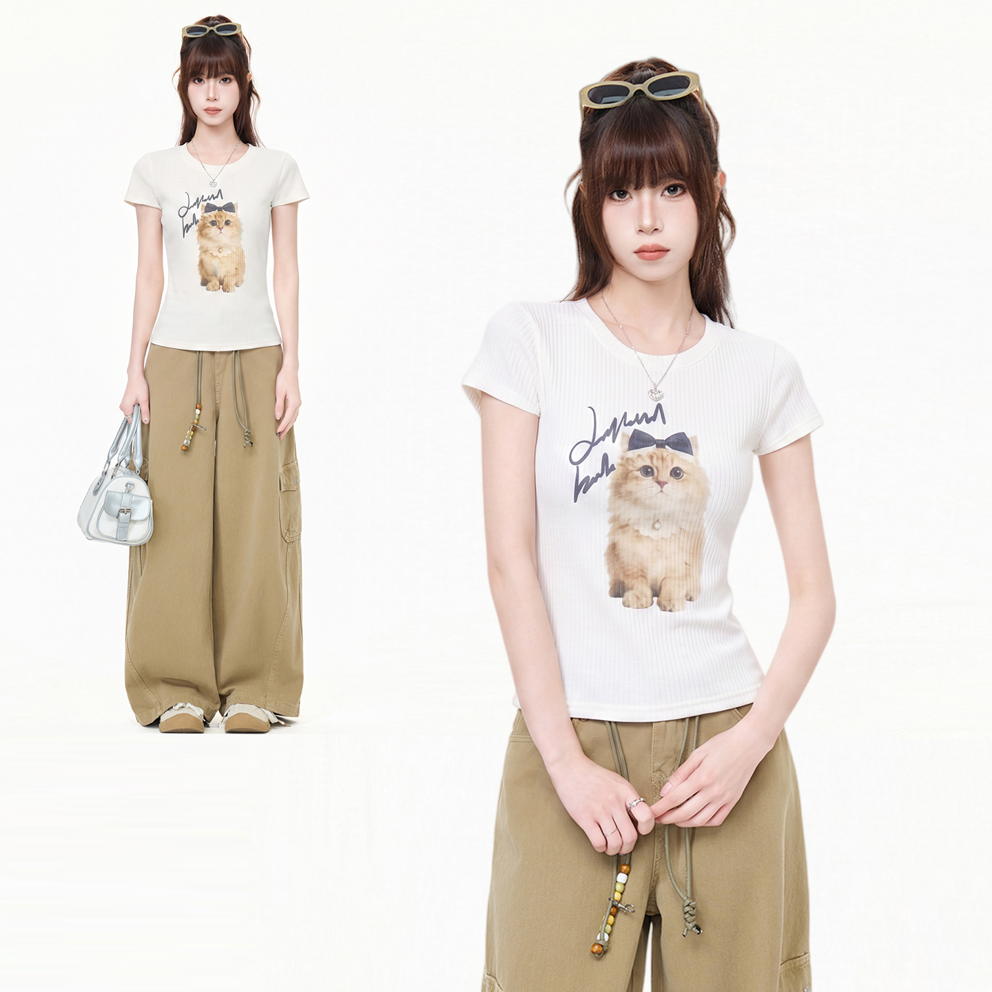 RY6851# 实拍实价猫咪印花圆领正肩短袖T恤女夏2026新款修身显瘦百...