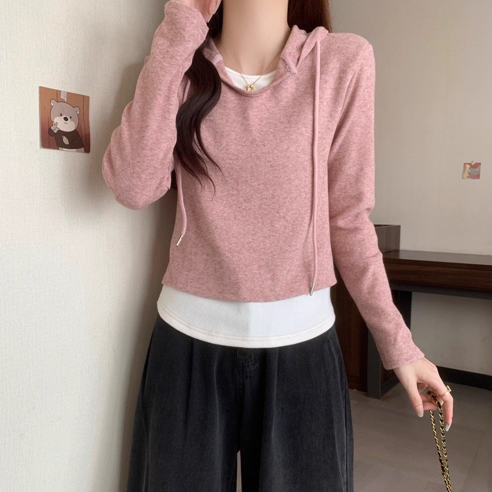 MY15512# 羊绒螺纹新款v领假两件连帽长袖T恤女修身内搭套头上衣女裝...