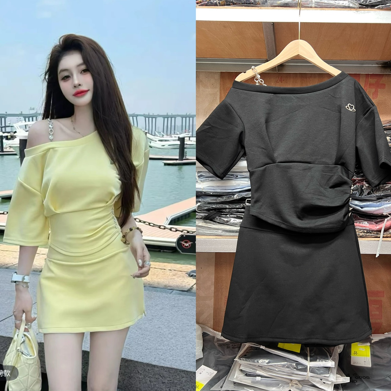 韩系短袖休闲包臀裙时尚收腰套装 服裝批發女裝批發服飾貨源