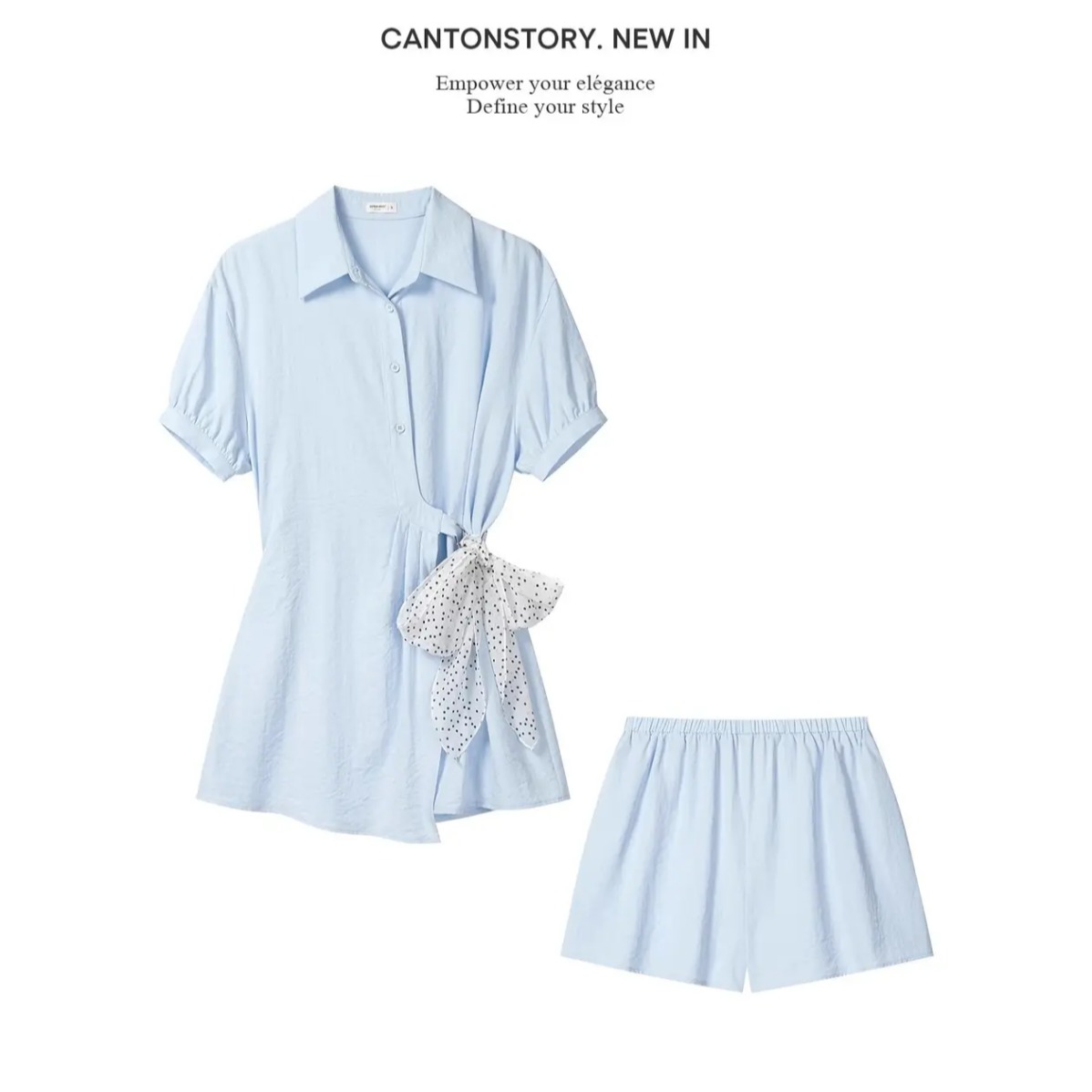 羊城故事-法式蓝色polo领衬衫连衣裙套装短裤两件套 服裝批發女裝批發服飾貨源
