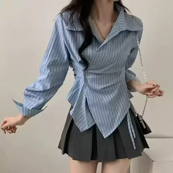 MY12760# 韩版设计感小众不规则收腰显瘦时髦条纹衬衫长袖上衣女裝貨源服裝批發