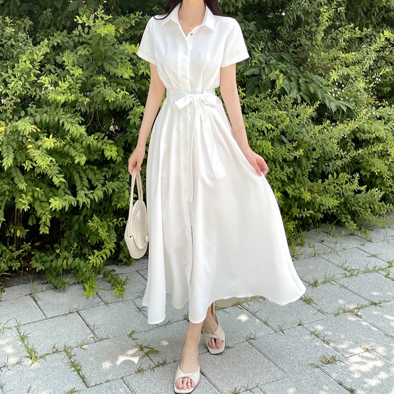 MY17485# 韩国chic 夏季法式气质系带收腰显瘦连衣裙女裝貨源服裝...