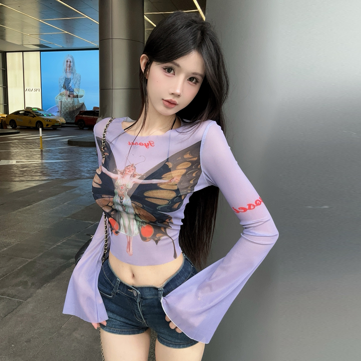 MY11424# 性感辣妹透视网纱喇叭袖防晒衣罩衫蝴蝶印花长袖T恤打底上衣女裝貨源服裝批發