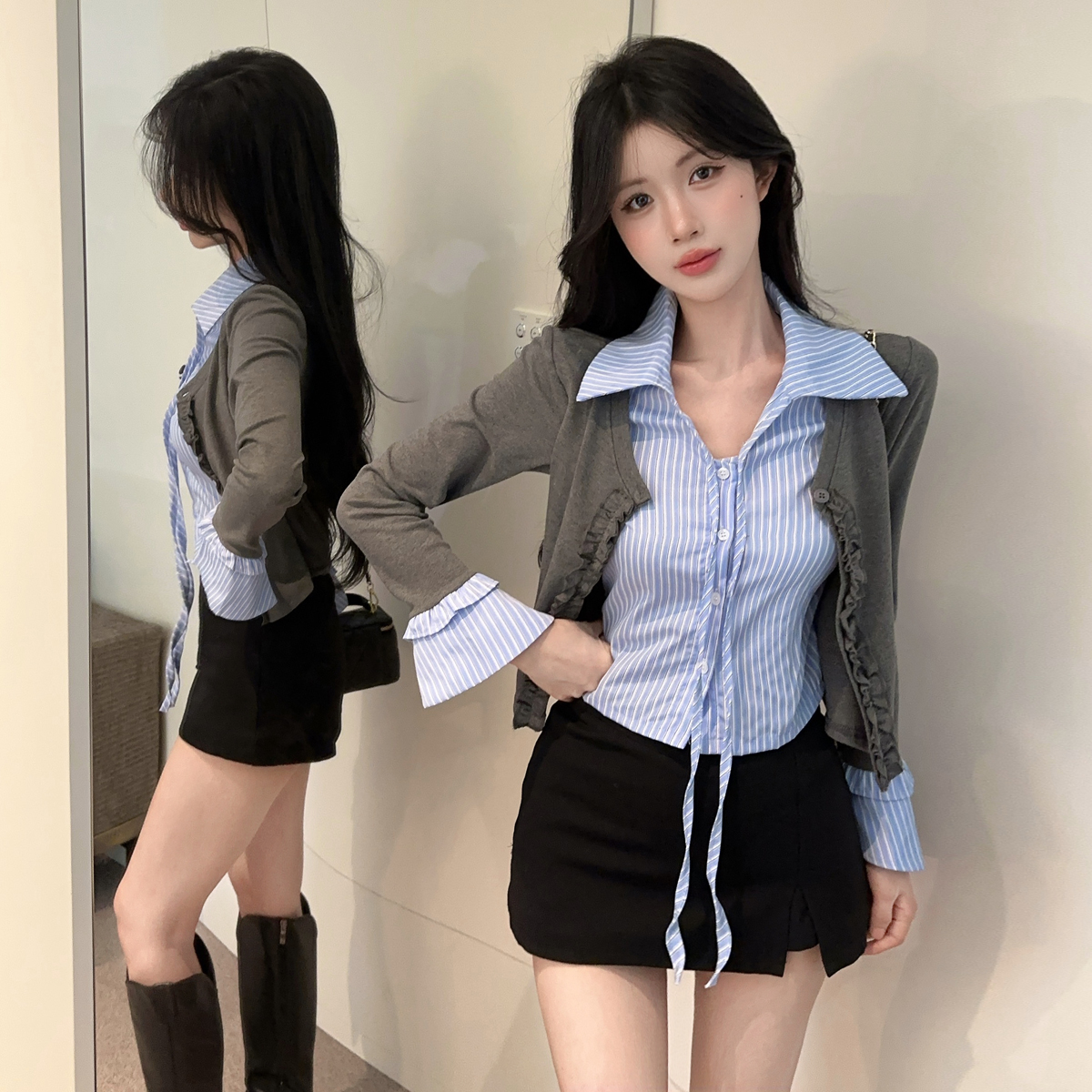 MY16319# 学院风蓝色格子衬衫拼接木耳边长袖针织衫假两件纯欲开衫上衣...