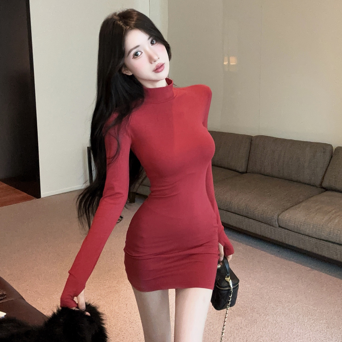 MY16320# 复古简约半高领长袖打底连衣裙休闲立领纯色包臀短裙女裝貨源...