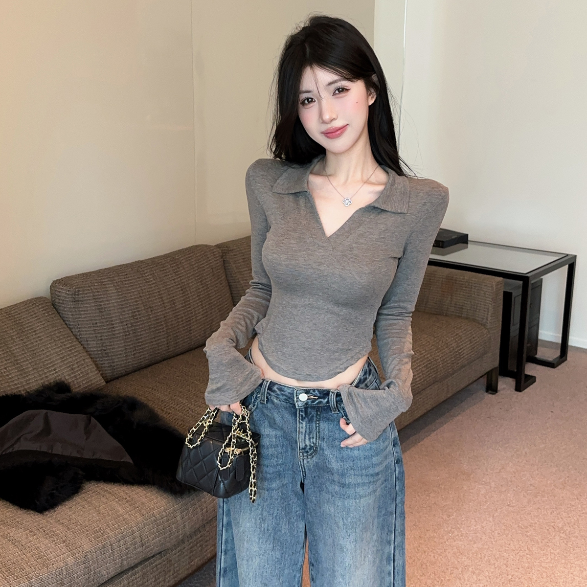 MY16316# 休闲polo领开叉长袖T恤衫纯欲辣妹短款露腰修身显瘦打底...