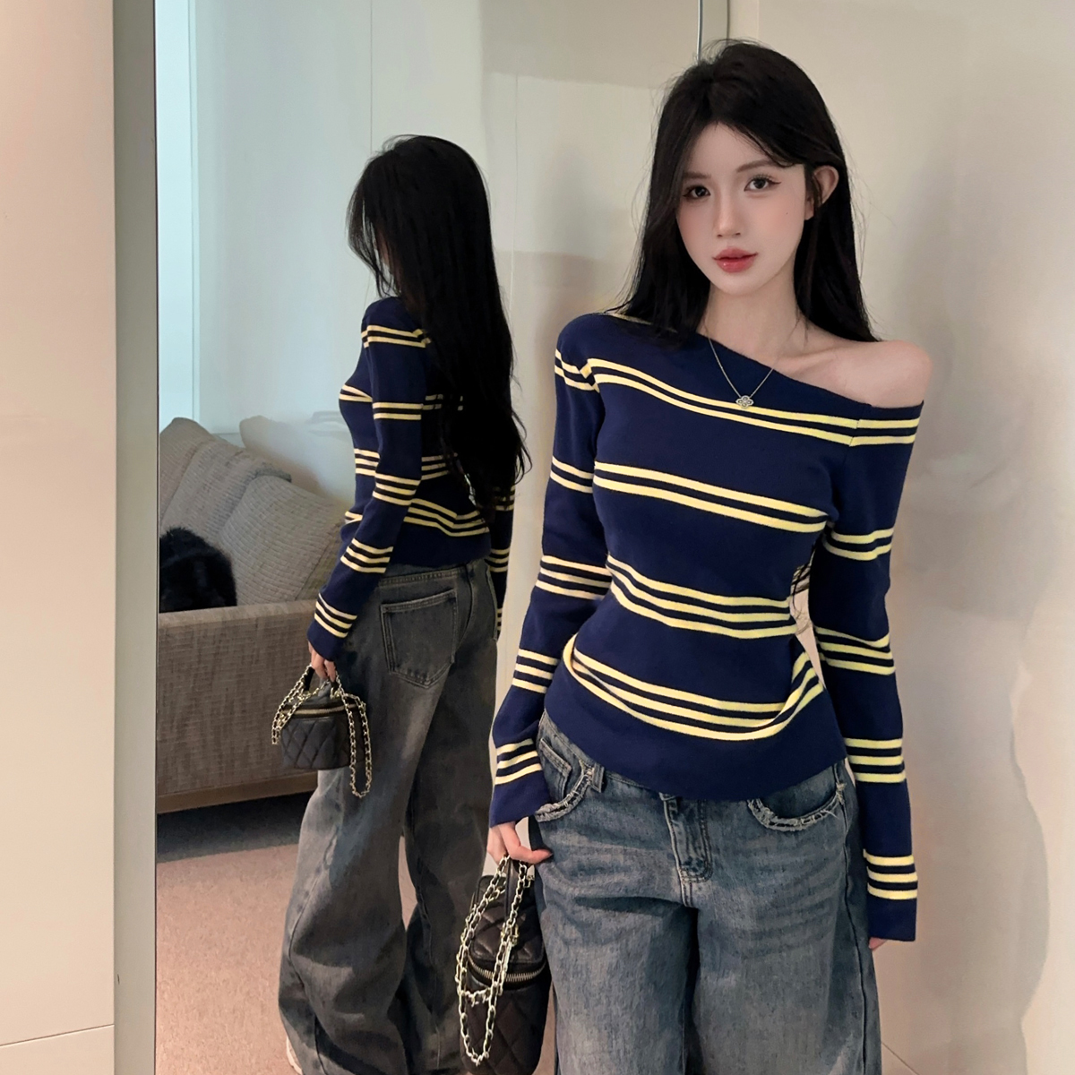 MY16314# 性感露肩条纹针织毛衣斜肩条纹长袖T恤上衣打底衫女裝貨源服...