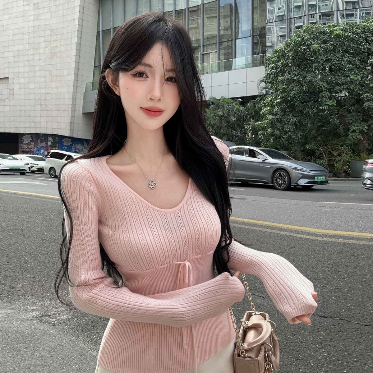 MY16313# 韩系抽绳收腰显瘦U领针织衫T恤百搭长袖打底上衣女裝貨源服...