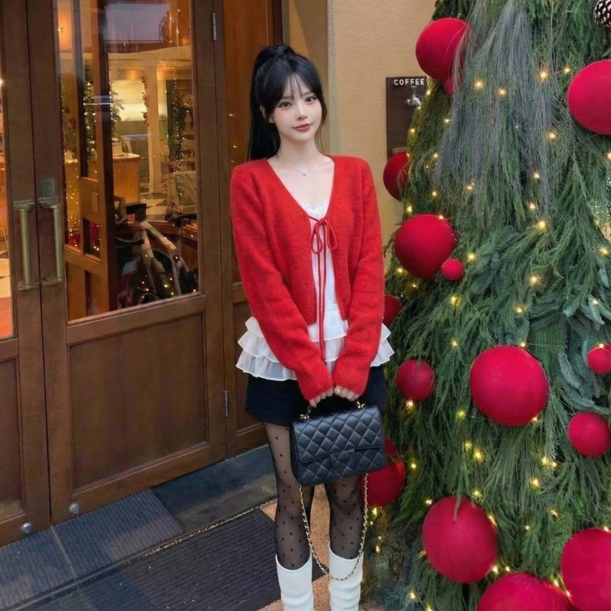 MY16312# 元旦新年喜庆红色长袖针织毛衣小外套荷叶边打底小吊带套装女...