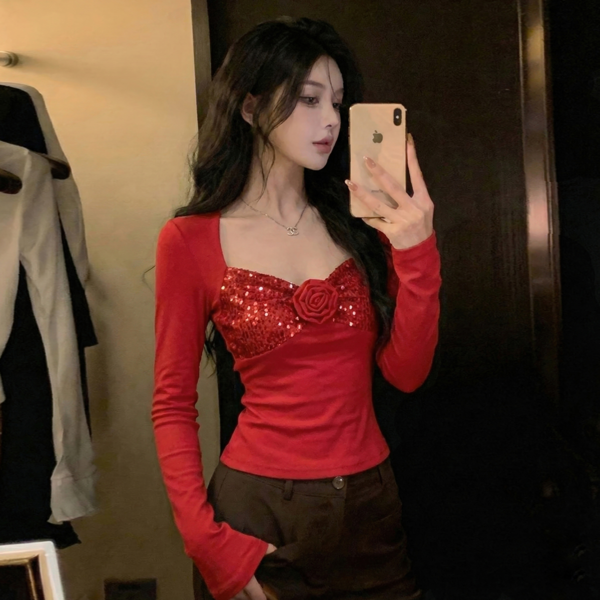 MY16309# 纯欲辣妹U领露锁骨亮片长袖T恤衫立体玫瑰花朵打底上衣女裝貨源服裝批發