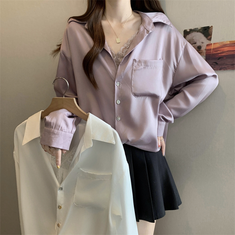 MY12937# 新款法式衬衫女polo领蕾丝拼接长袖宽松大码衬衣女裝貨源...