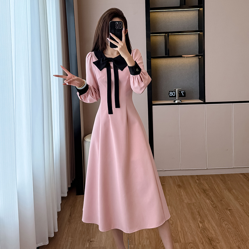 MY14139# 法式富家千金粉色长袖连衣裙设计感小众收腰甜美裙子女裝貨源服裝批發