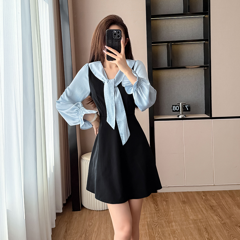 MY14140# 法式复古小个子拼接围巾领连衣裙女秋女裝貨源服裝批發