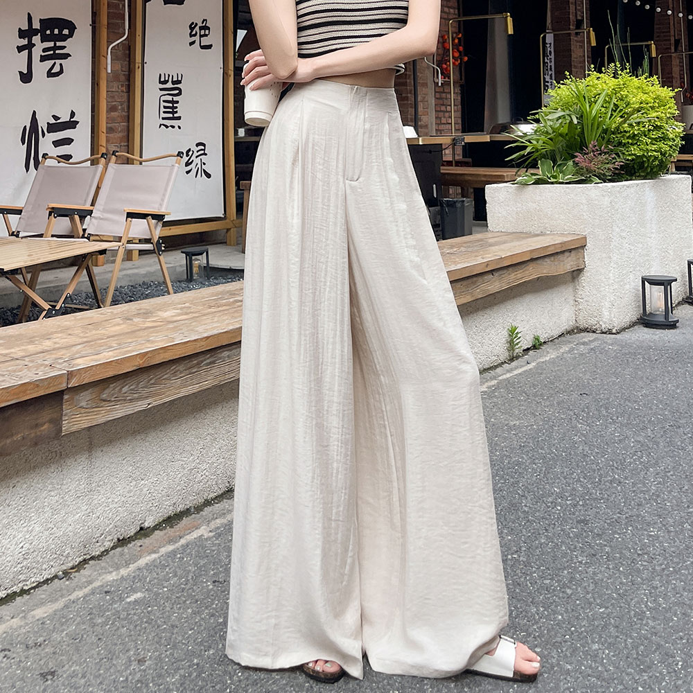 實拍2025夏季新款冰絲棉麻闊腿褲高腰壓褶山本褲薄款休閑褲女