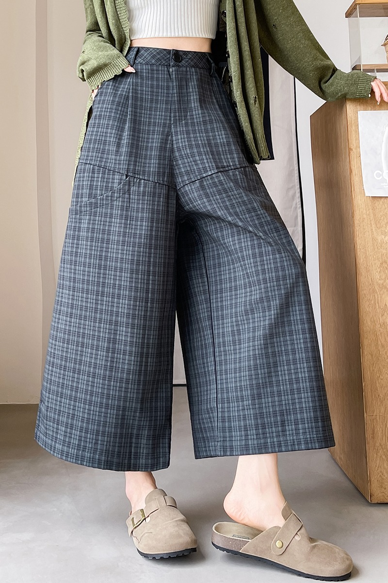 實拍格子高腰寬松休閑褲女秋季韓系慵懶風百搭顯瘦九分西裝闊腿褲