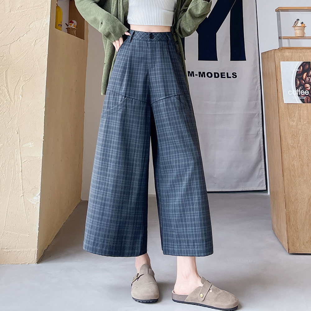 實拍格子高腰寬松休閑褲女秋季韓系慵懶風百搭顯瘦九分西裝闊腿褲