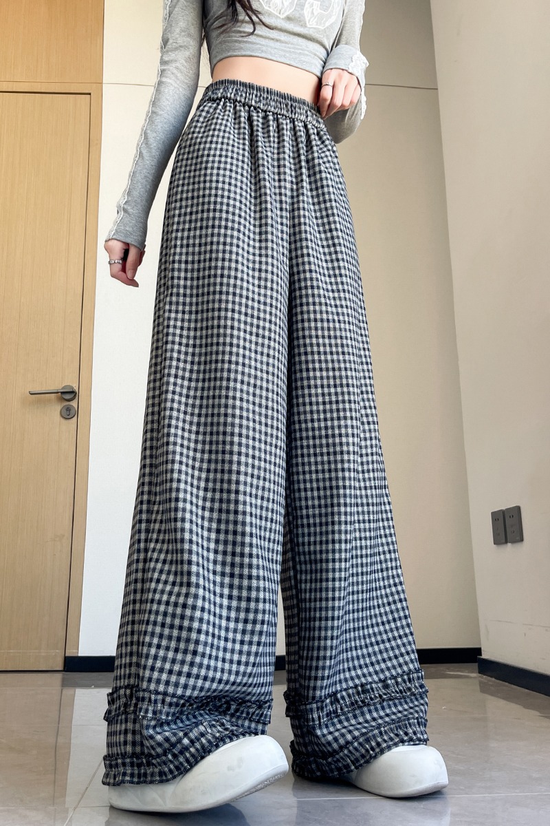 實拍高腰格子褲女秋季新款韓版時尚復古松緊腰直筒闊腿木耳邊長褲