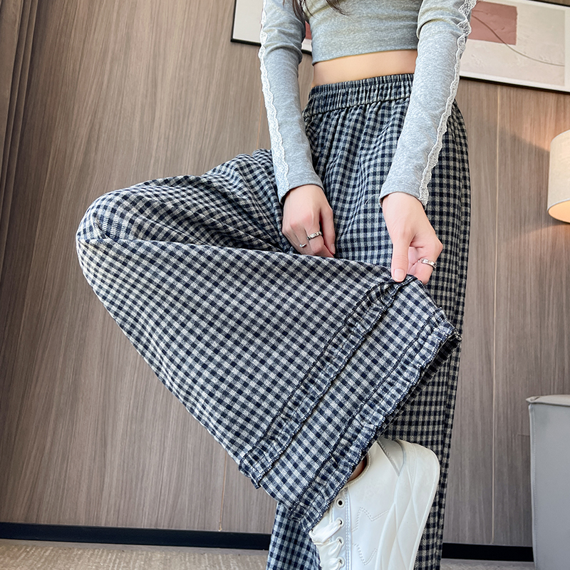 實拍高腰格子褲女秋季新款韓版時尚復古松緊腰直筒闊腿木耳邊長褲
