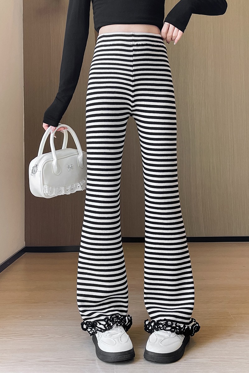 實拍針織條紋微喇褲女木耳邊高腰緊身彈力顯瘦馬蹄褲打底長褲外穿