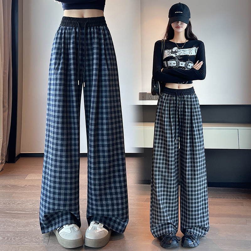 實拍復古格子闊腿褲女2025秋季新款慵懶風高腰寬松遛彎直筒拖地褲