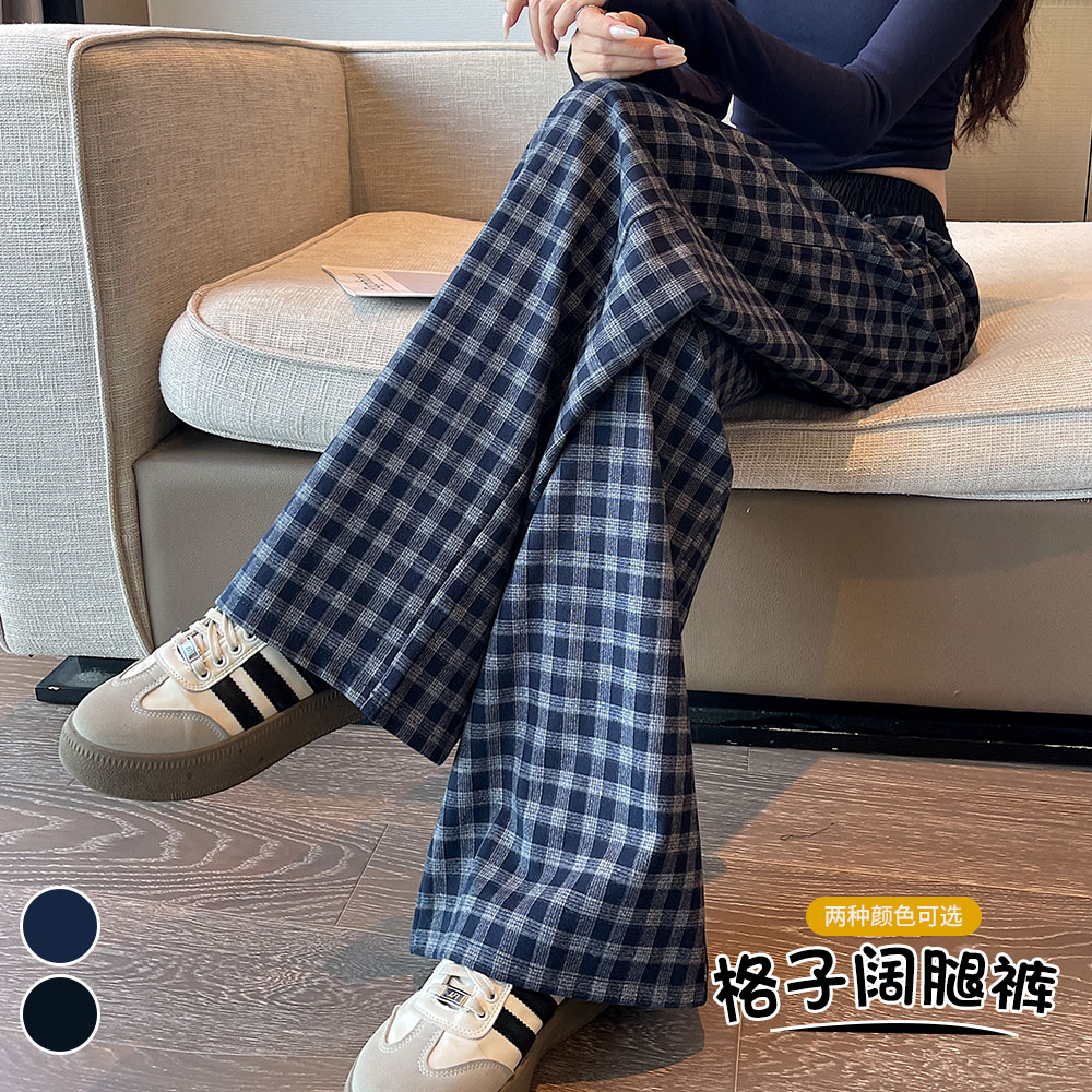 實拍復古格子闊腿褲女2025秋季新款慵懶風高腰寬松遛彎直筒拖地褲